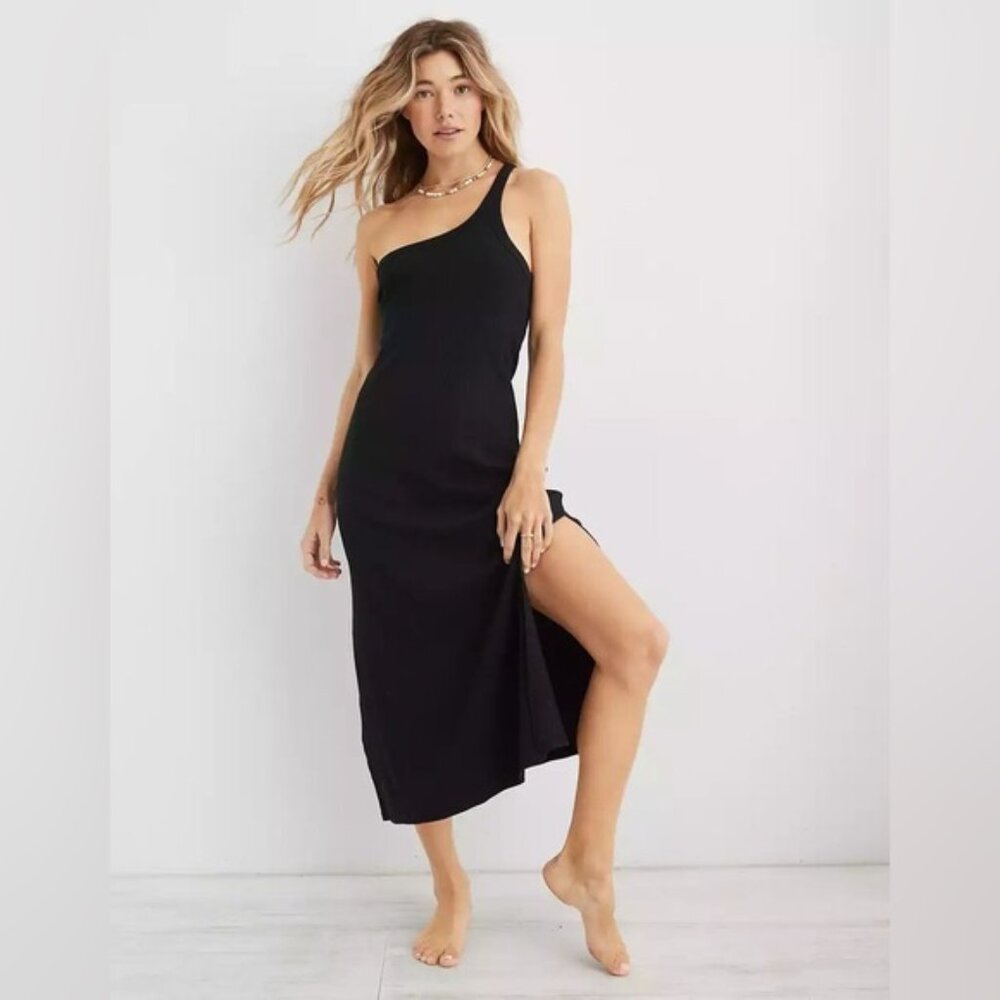 Aerie Chic Black One-Shoulder Dress- XXS